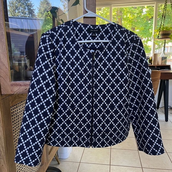 Ann Taylor Geo Diamond Zip Jacket Blazer Office Career | Navy Blue | Size 10 - Picture 1 of 13